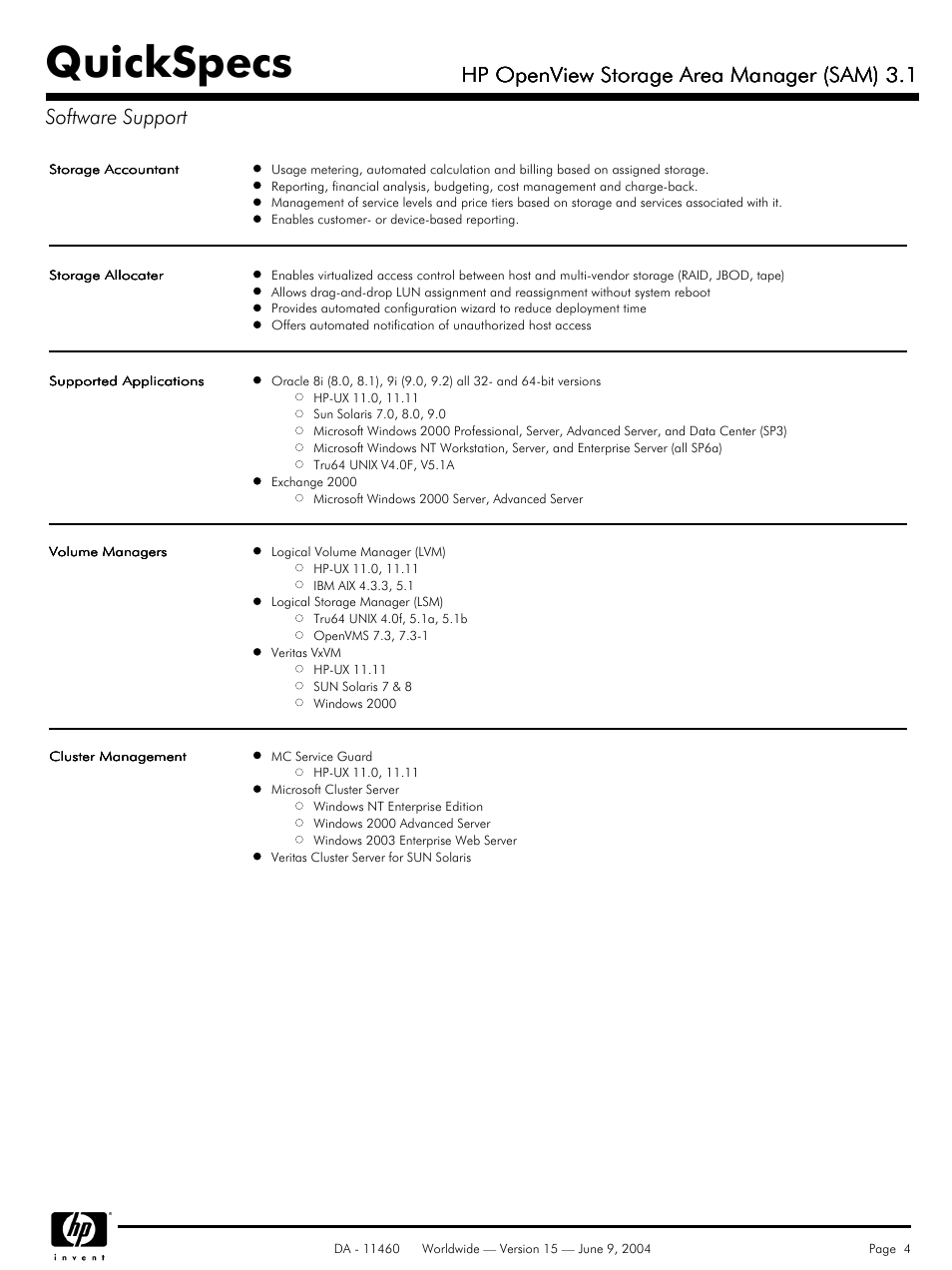 Quickspecs, Hp openview storage area manager (sam) 3.1 | HP Storage Area Manager User Manual | Page 4 / 13