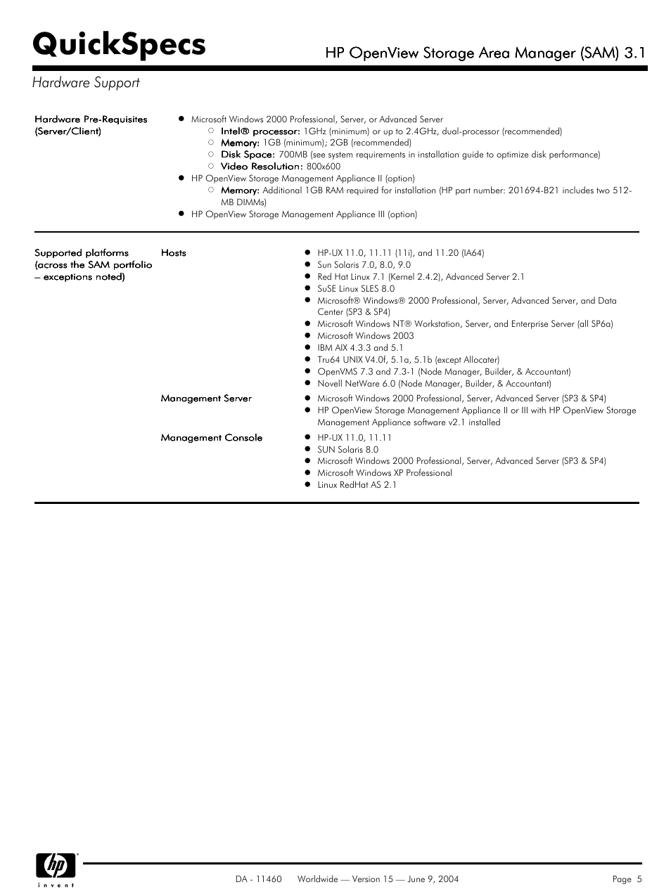 Hardware support, Quickspecs, Hp openview storage area manager (sam) 3.1 | HP Storage Area Manager User Manual | Page 5 / 13