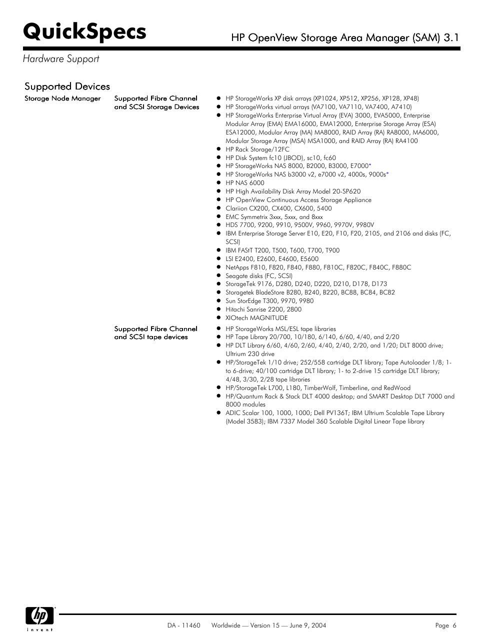 Quickspecs, Hp openview storage area manager (sam) 3.1, Supported devices | HP Storage Area Manager User Manual | Page 6 / 13