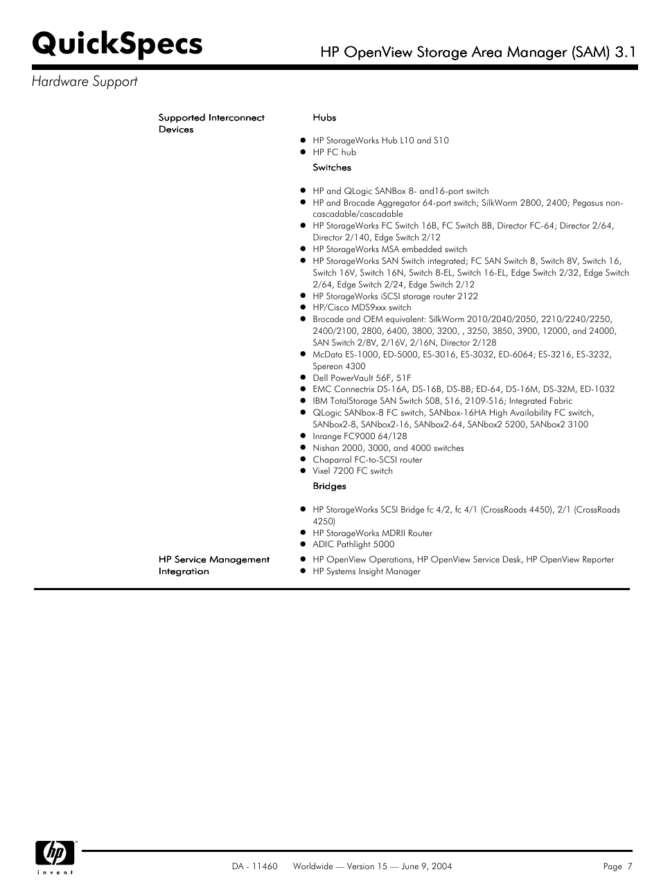 Quickspecs, Hp openview storage area manager (sam) 3.1 | HP Storage Area Manager User Manual | Page 7 / 13