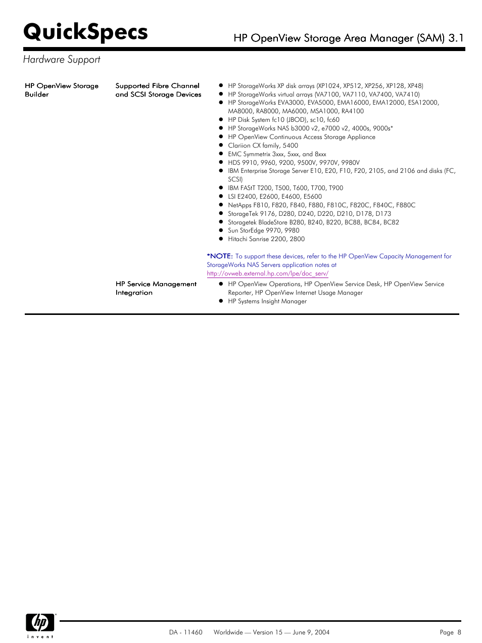 Quickspecs, Hp openview storage area manager (sam) 3.1 | HP Storage Area Manager User Manual | Page 8 / 13