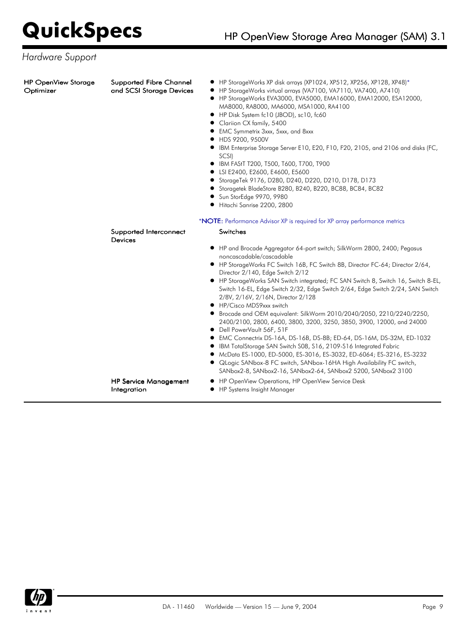 Quickspecs, Hp openview storage area manager (sam) 3.1 | HP Storage Area Manager User Manual | Page 9 / 13