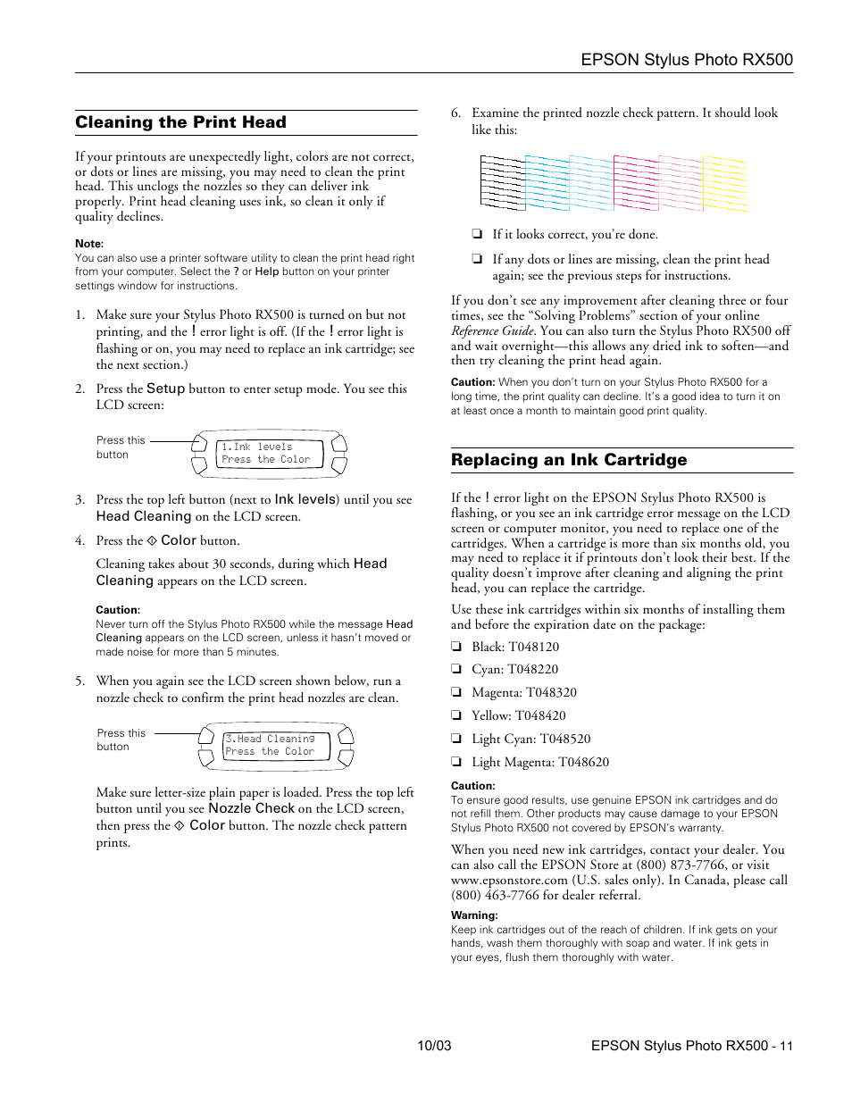 Cleaning the print head, Replacing an ink cartridge, Epson stylus photo rx500 | Epson RX500 Parts User Manual | Page 11 / 14