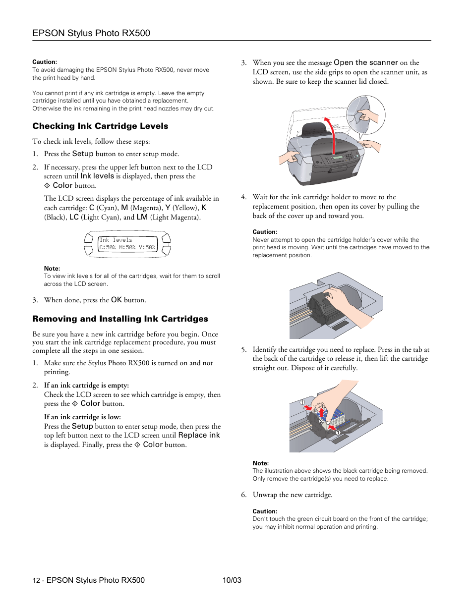 Checking ink cartridge levels, Removing and installing ink cartridges, Epson stylus photo rx500 | Epson RX500 Parts User Manual | Page 12 / 14