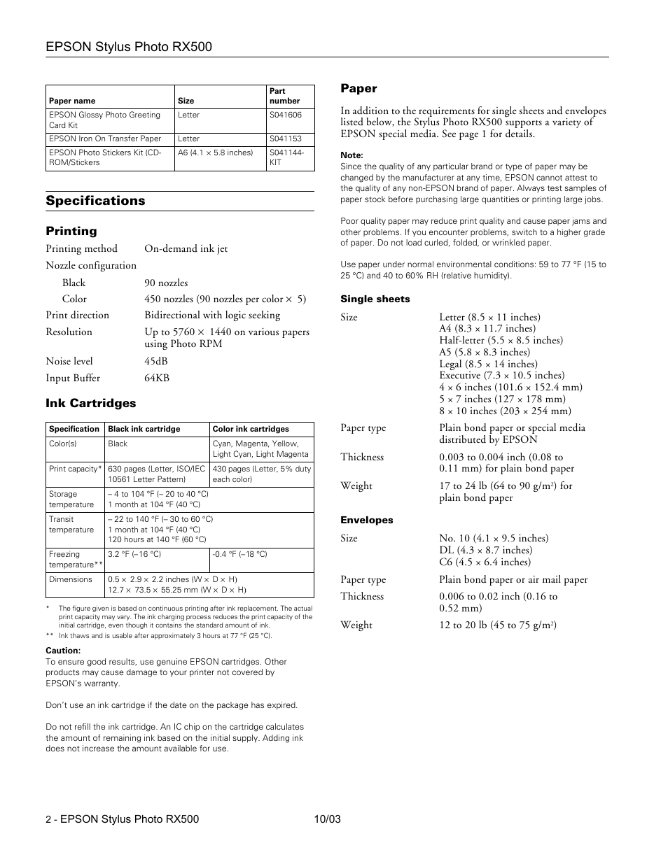 Specifications, Printing, Ink cartridges | Paper, Epson stylus photo rx500 | Epson RX500 Parts User Manual | Page 2 / 14