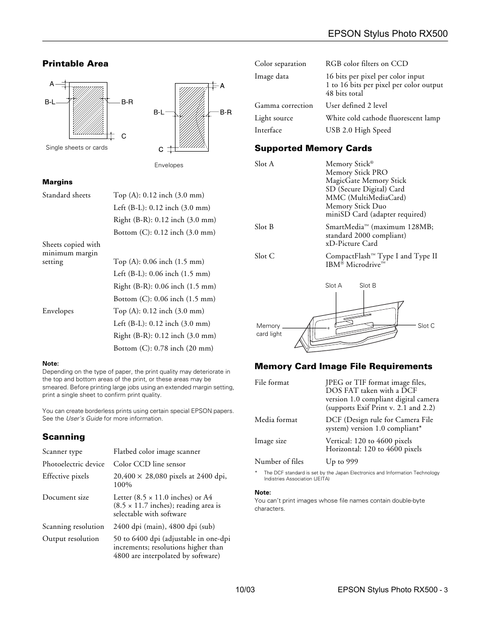 Printable area, Scanning, Supported memory cards | Memory card image file requirements, Epson stylus photo rx500 | Epson RX500 Parts User Manual | Page 3 / 14