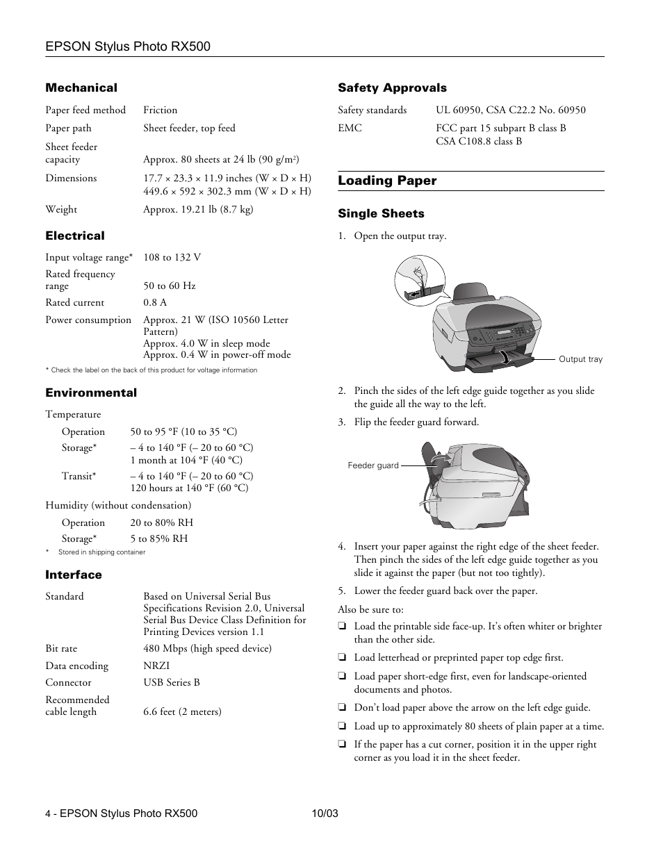 Mechanical, Electrical, Environmental | Interface, Safety approvals, Loading paper, Single sheets | Epson RX500 Parts User Manual | Page 4 / 14