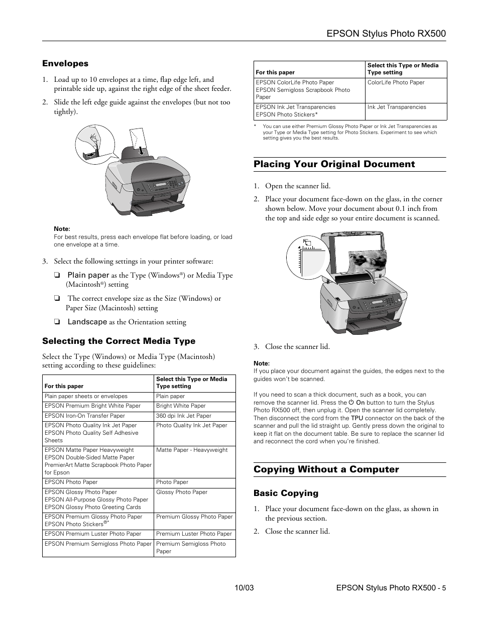 Envelopes, Selecting the correct media type, Placing your original document | Copying without a computer, Basic copying, Epson stylus photo rx500 | Epson RX500 Parts User Manual | Page 5 / 14