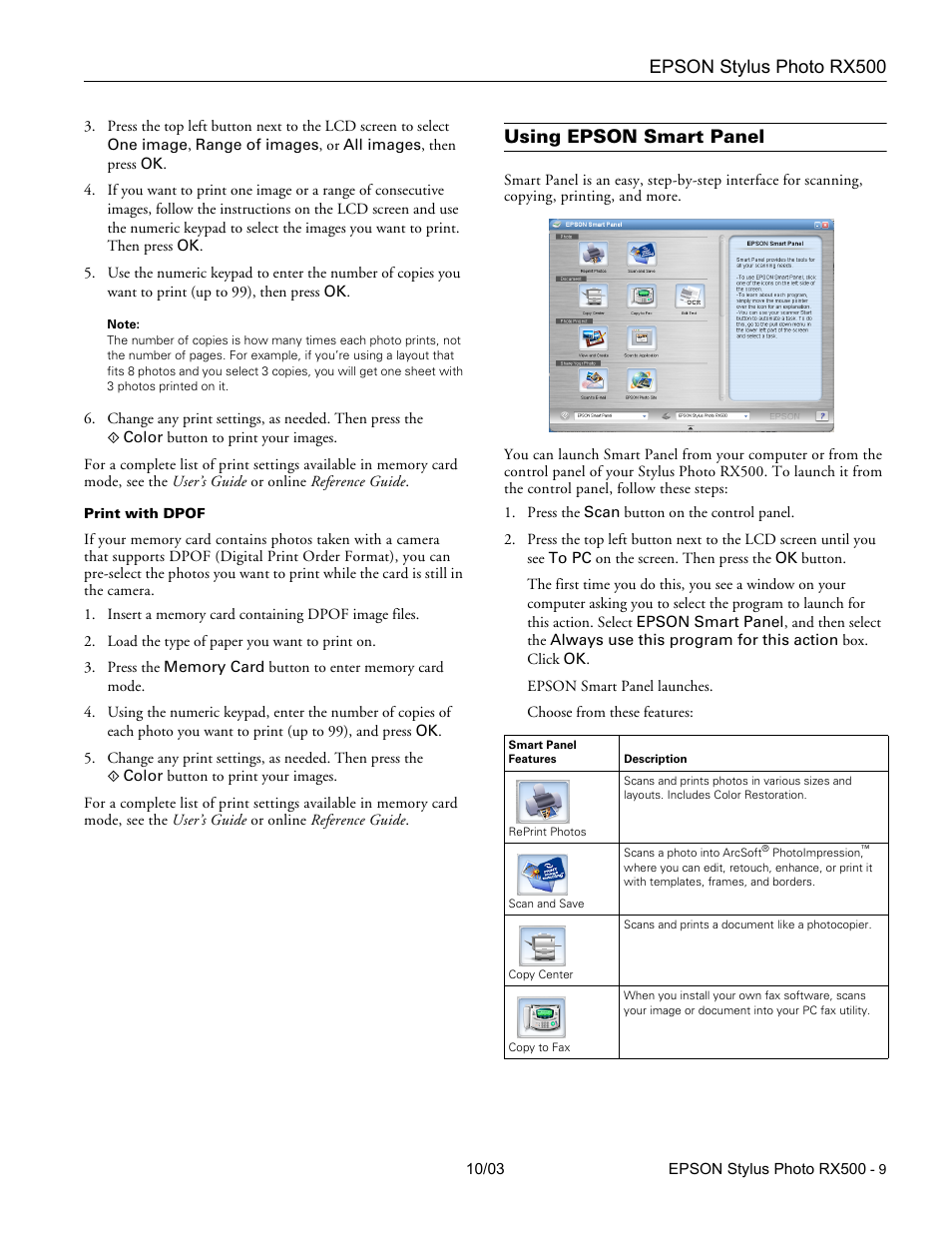 Using epson smart panel, Epson stylus photo rx500 | Epson RX500 Parts User Manual | Page 9 / 14