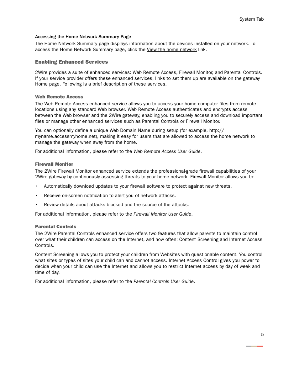 Enabling enhanced services, Web remote access, Firewall monitor | Parental controls | 2Wire Gateway None User Manual | Page 10 / 139