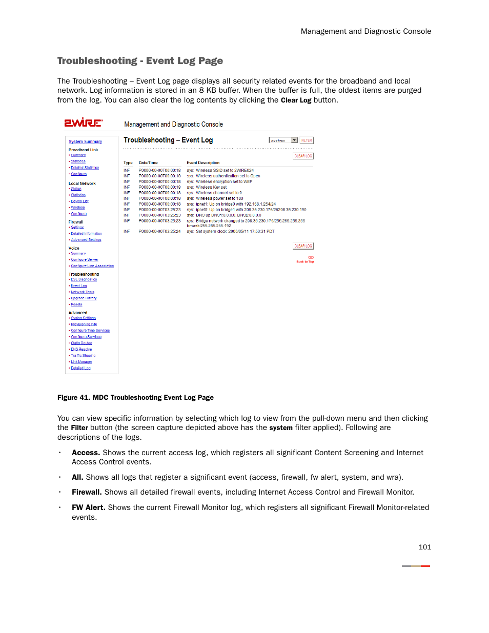 Troubleshooting - event log page | 2Wire Gateway None User Manual | Page 106 / 139
