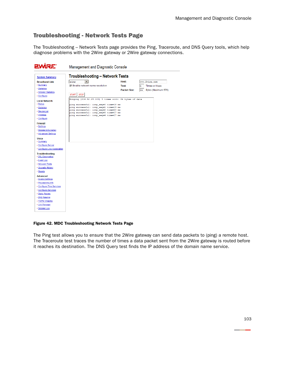 Troubleshooting - network tests page | 2Wire Gateway None User Manual | Page 108 / 139