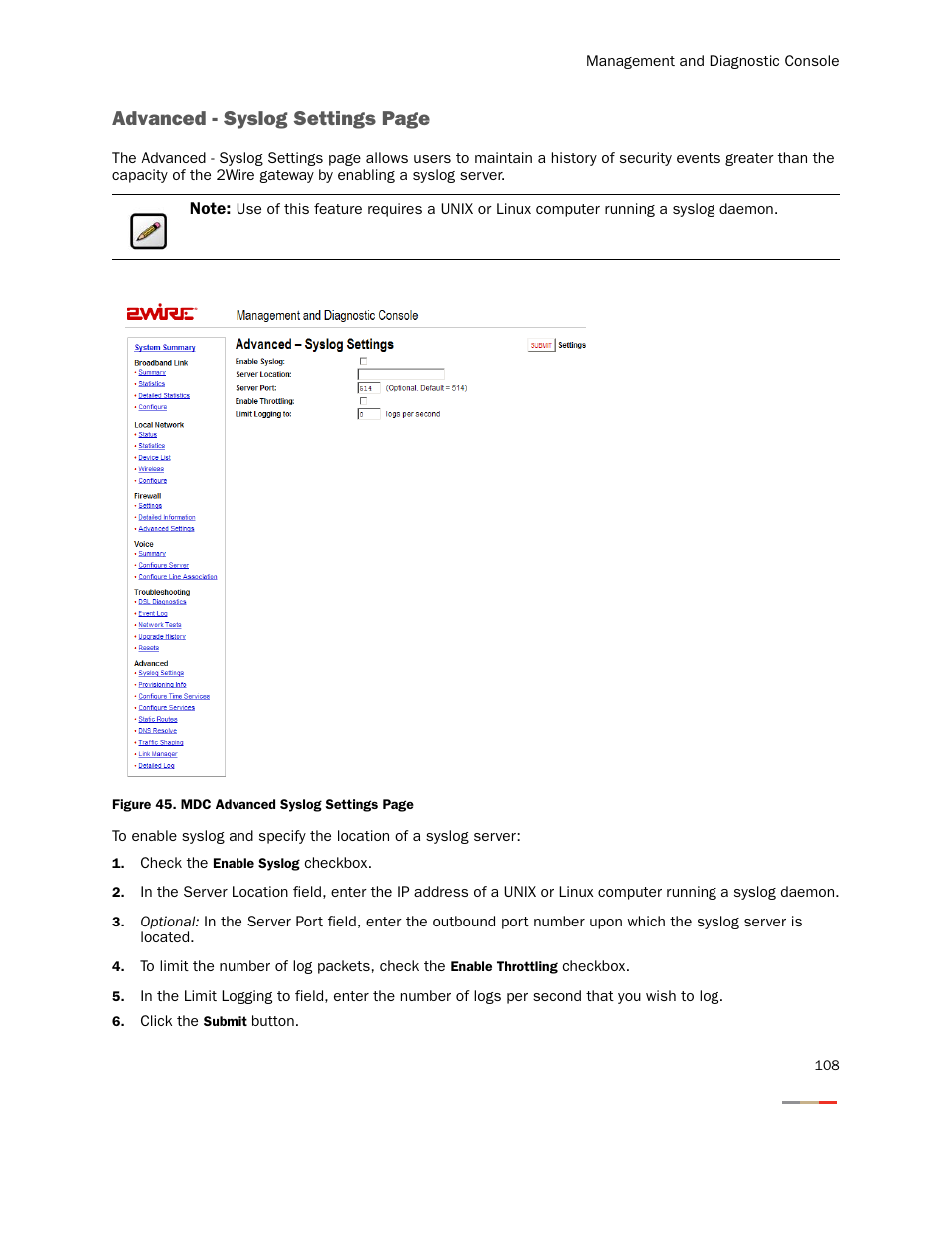 Advanced - syslog settings page | 2Wire Gateway None User Manual | Page 113 / 139