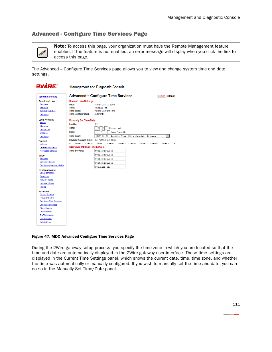 Advanced - configure time services page | 2Wire Gateway None User Manual | Page 116 / 139