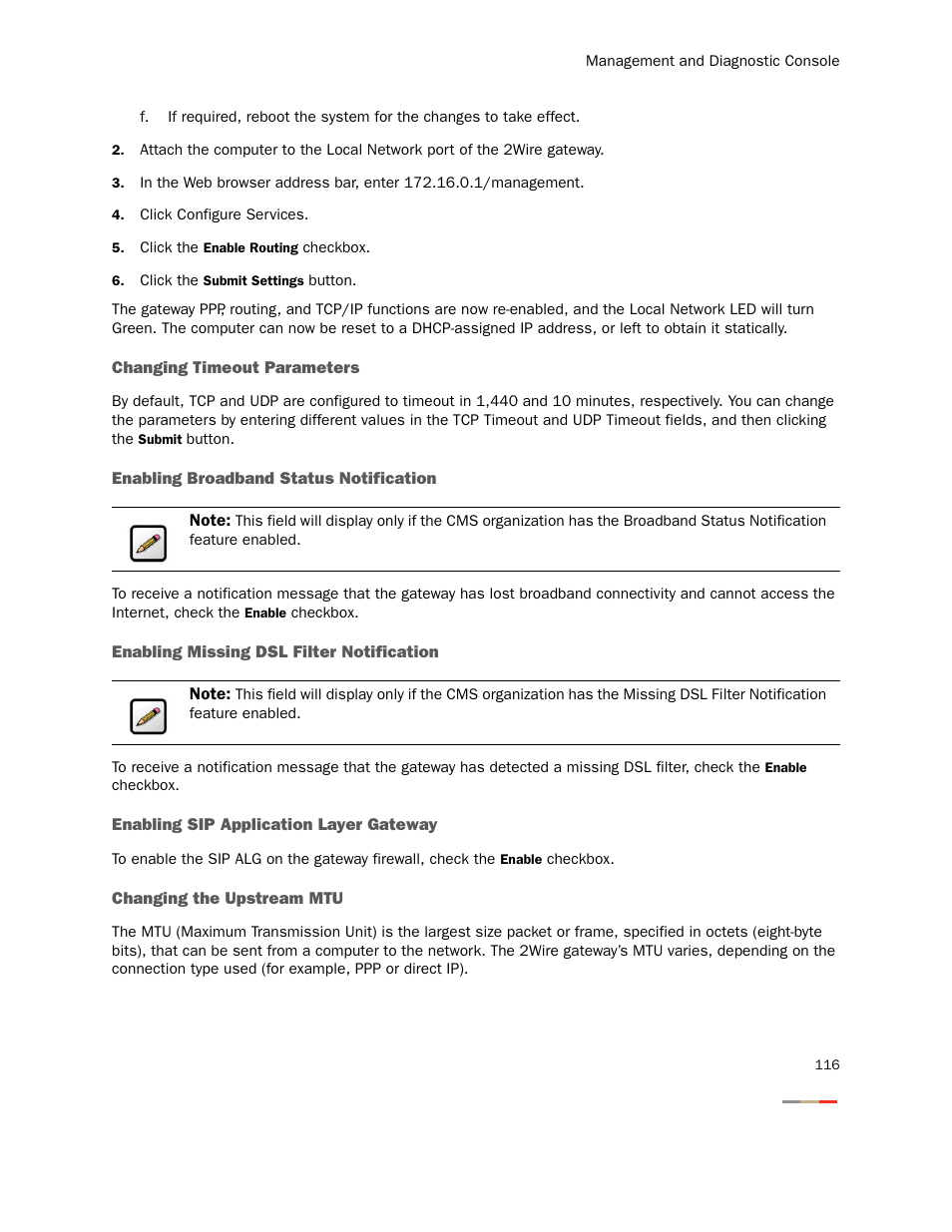 Changing timeout parameters, Enabling broadband status notification, Enabling missing dsl filter notification | Enabling sip application layer gateway, Changing the upstream mtu | 2Wire Gateway None User Manual | Page 121 / 139