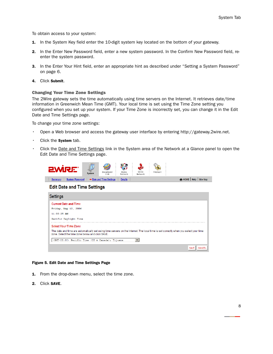 Changing your time zone settings | 2Wire Gateway None User Manual | Page 13 / 139
