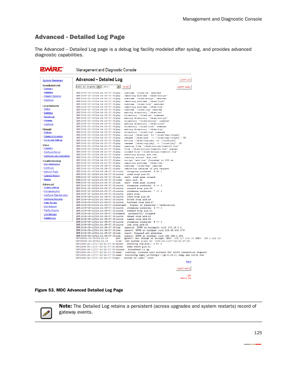 Advanced - detailed log page | 2Wire Gateway None User Manual | Page 130 / 139