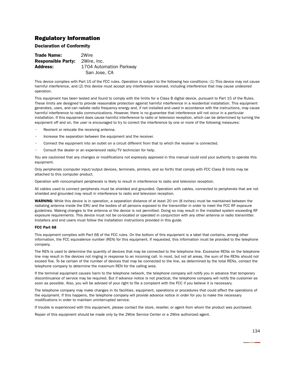 Regulatory information | 2Wire Gateway None User Manual | Page 139 / 139