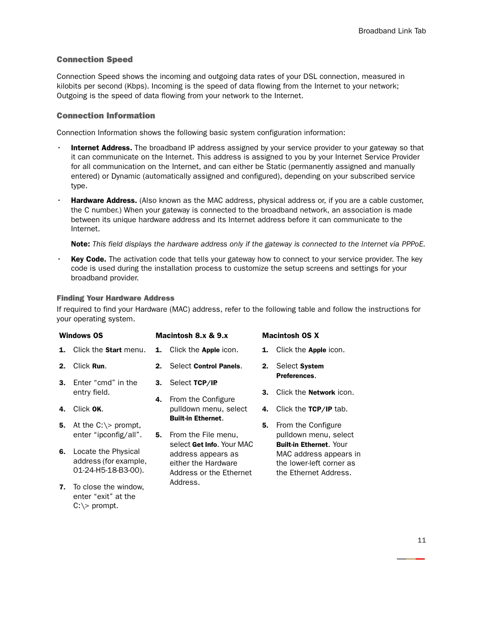 Connection speed, Connection information, Finding your hardware address | Connection speed connection information | 2Wire Gateway None User Manual | Page 16 / 139