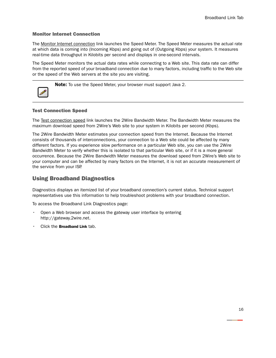 Monitor internet connection, Test connection speed, Using broadband diagnostics | Monitor internet connection test connection speed | 2Wire Gateway None User Manual | Page 21 / 139