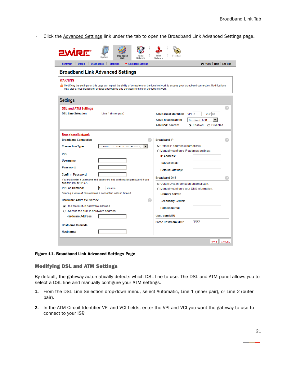 Modifying dsl and atm settings | 2Wire Gateway None User Manual | Page 26 / 139