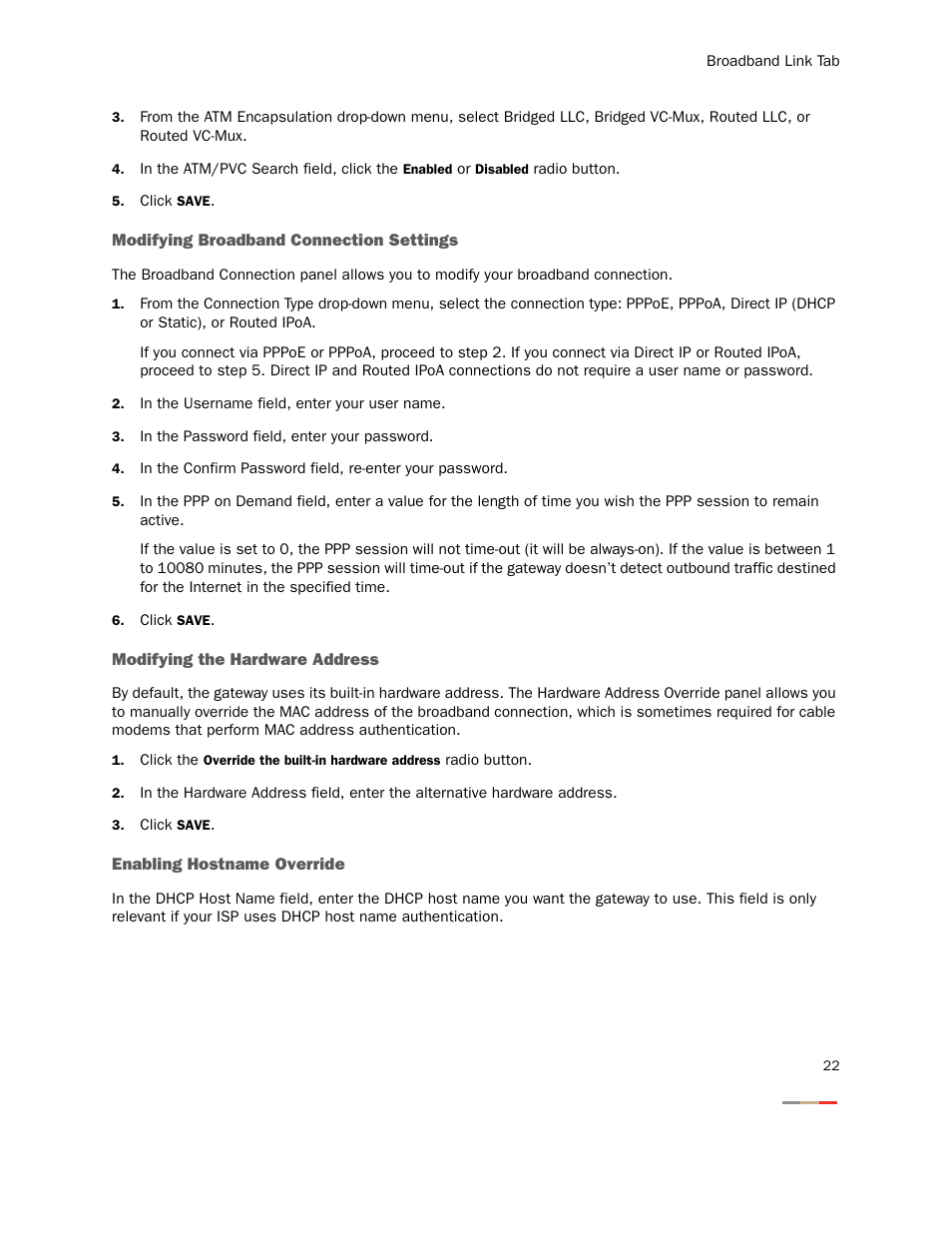 Modifying broadband connection settings, Modifying the hardware address, Enabling hostname override | 2Wire Gateway None User Manual | Page 27 / 139
