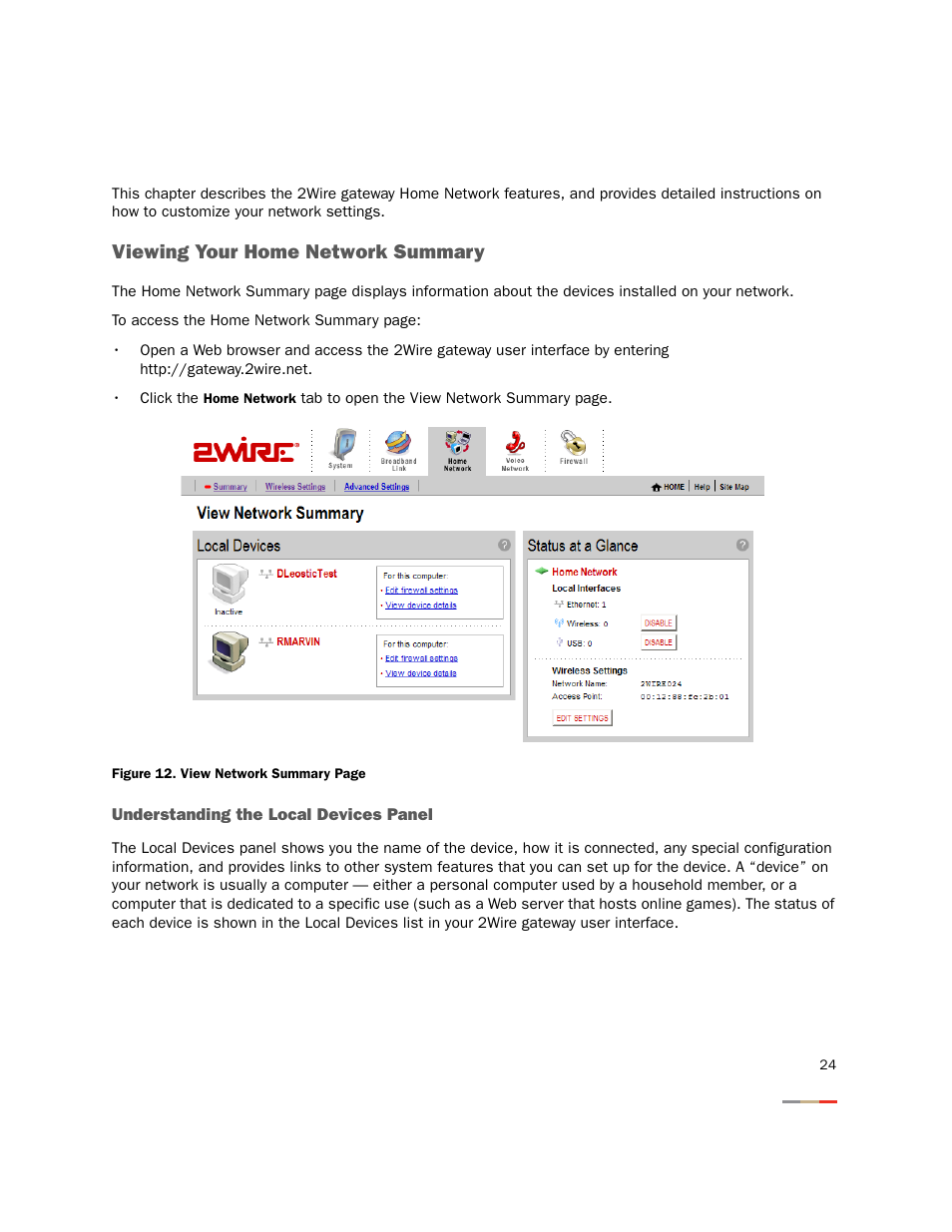 Home network tab, Viewing your home network summary, Understanding the local devices panel | Home network tab viewing your home network summary | 2Wire Gateway None User Manual | Page 29 / 139