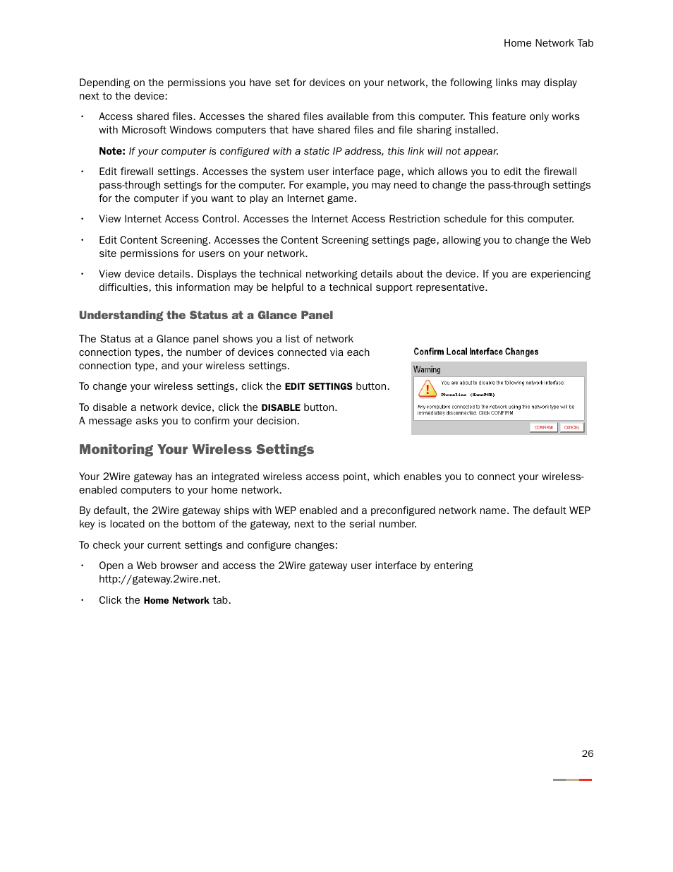 Understanding the status at a glance panel, Monitoring your wireless settings | 2Wire Gateway None User Manual | Page 31 / 139
