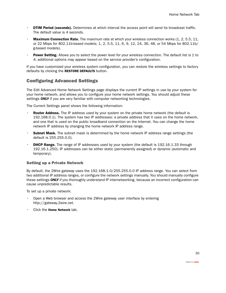 Configuring advanced settings, Setting up a private network | 2Wire Gateway None User Manual | Page 35 / 139