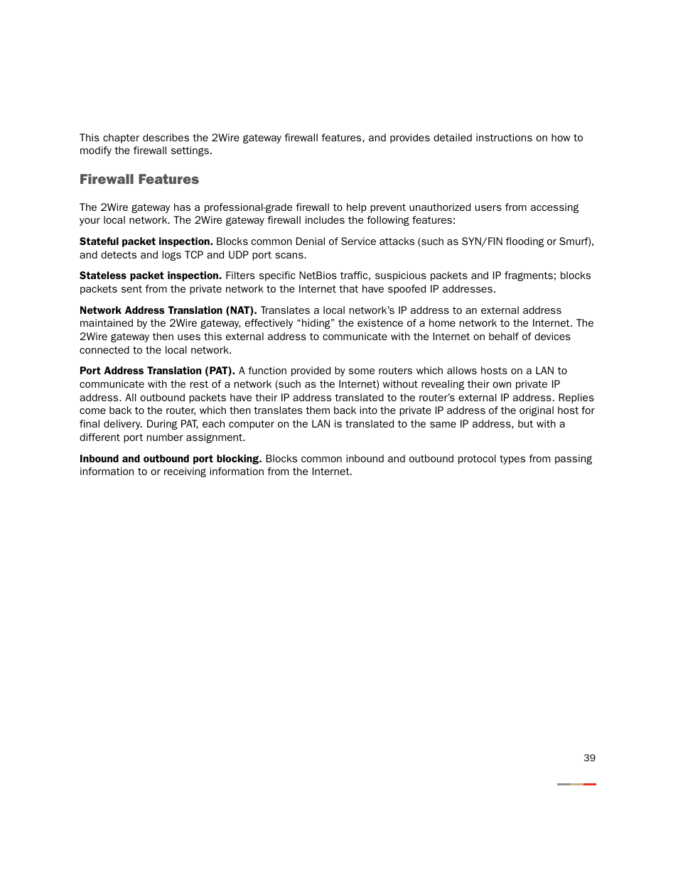 Firewall tab, Firewall features, Firewall tab firewall features | 2Wire Gateway None User Manual | Page 44 / 139