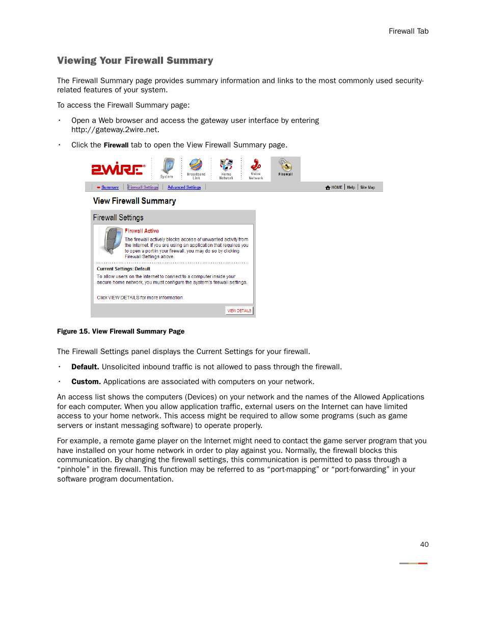 Viewing your firewall summary | 2Wire Gateway None User Manual | Page 45 / 139