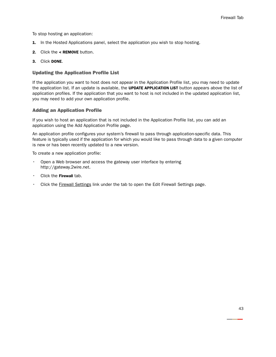 Updating the application profile list, Adding an application profile | 2Wire Gateway None User Manual | Page 48 / 139