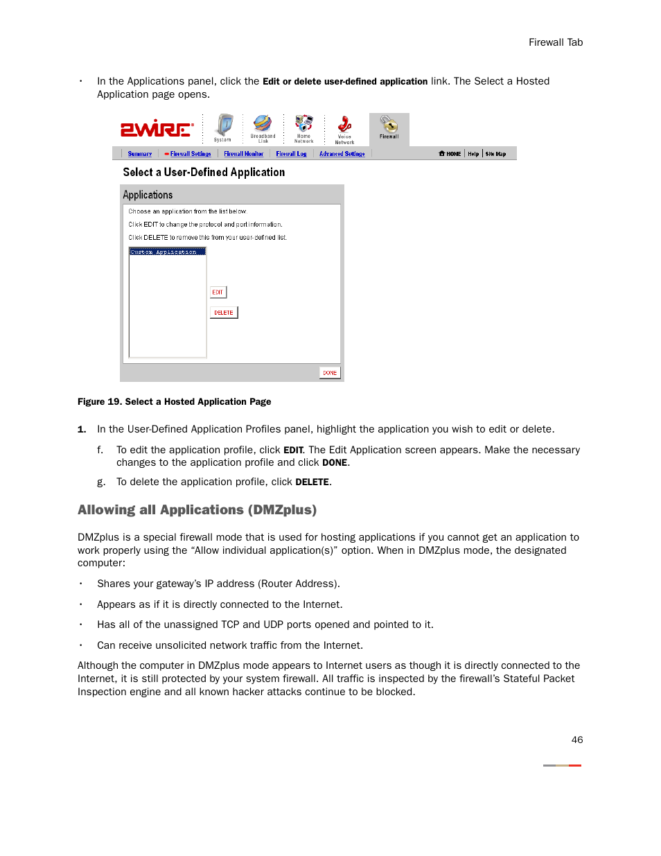 G. to delete the application profile, click delete, Allowing all applications (dmzplus) | 2Wire Gateway None User Manual | Page 51 / 139