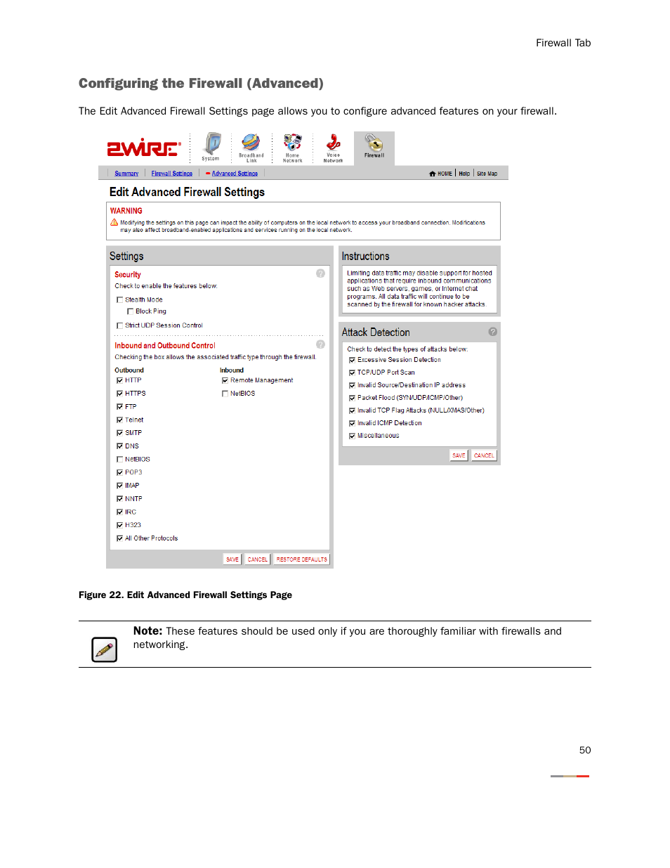 Configuring the firewall (advanced) | 2Wire Gateway None User Manual | Page 55 / 139