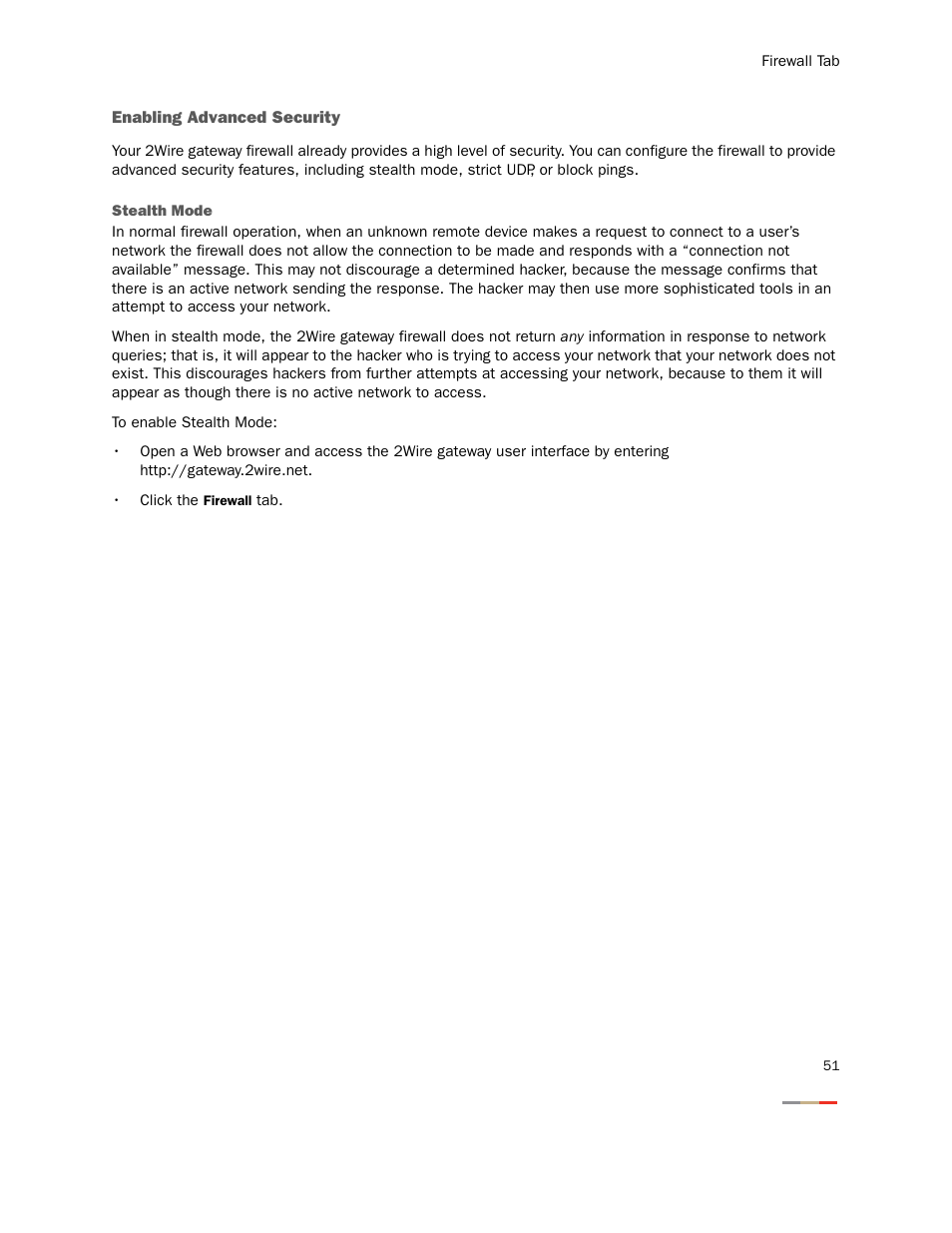 Enabling advanced security, Stealth mode | 2Wire Gateway None User Manual | Page 56 / 139