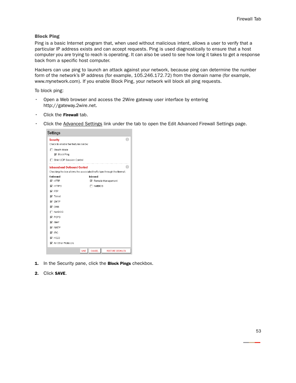 Block ping | 2Wire Gateway None User Manual | Page 58 / 139