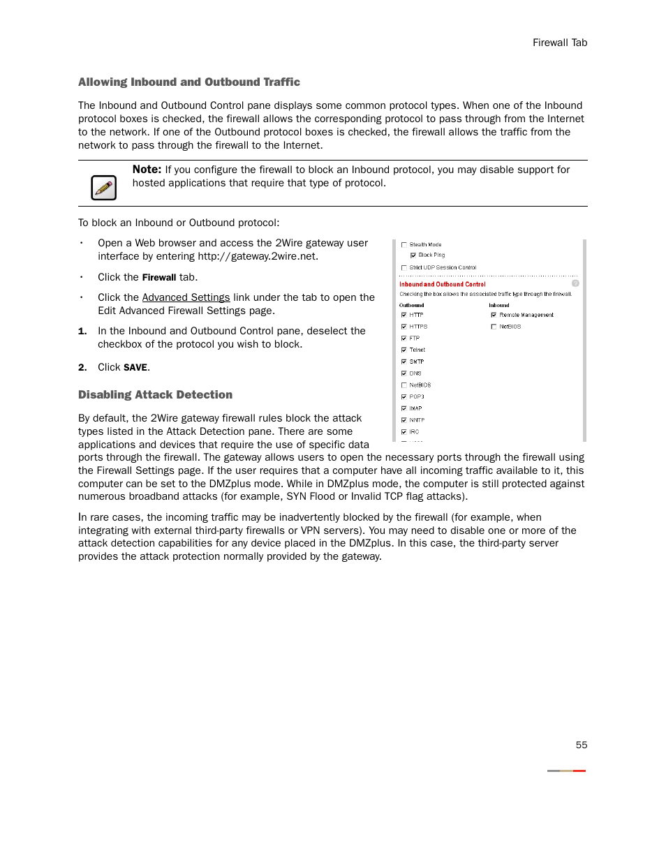 Allowing inbound and outbound traffic, Disabling attack detection | 2Wire Gateway None User Manual | Page 60 / 139