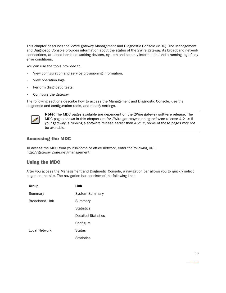 Management and diagnostic console, Accessing the mdc, Using the mdc | 2Wire Gateway None User Manual | Page 63 / 139