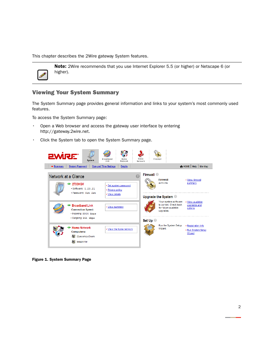 System tab, Viewing your system summary, System tab viewing your system summary | 2Wire Gateway None User Manual | Page 7 / 139