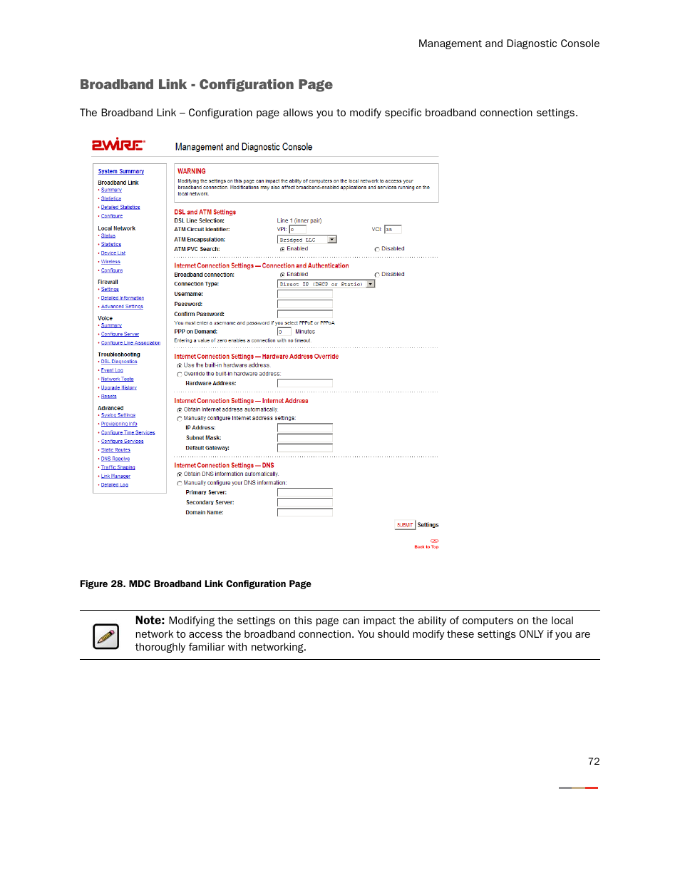 Broadband link - configuration page | 2Wire Gateway None User Manual | Page 77 / 139