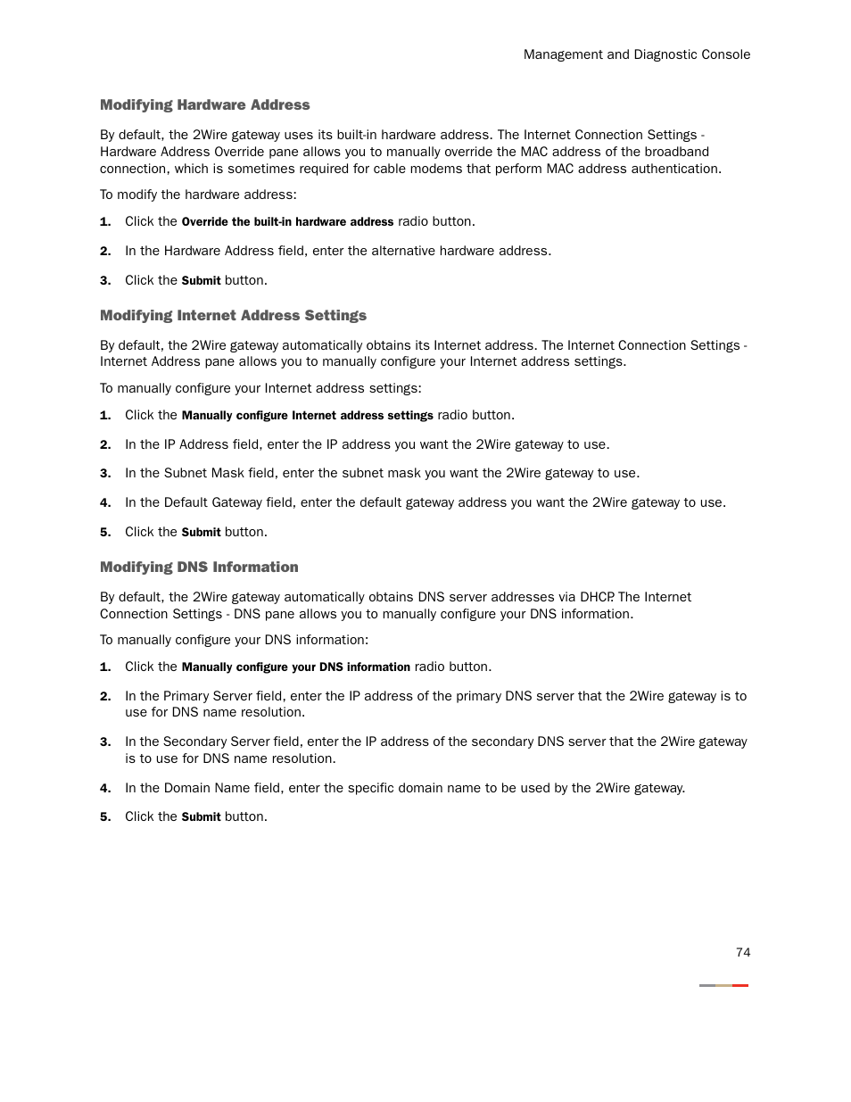 Modifying hardware address, Modifying internet address settings, Modifying dns information | 2Wire Gateway None User Manual | Page 79 / 139