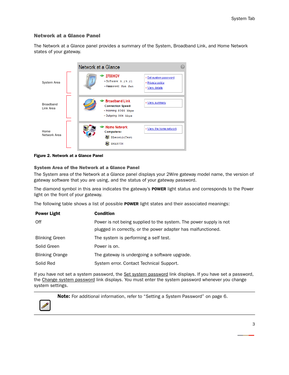 Network at a glance panel, System area of the network at a glance panel | 2Wire Gateway None User Manual | Page 8 / 139