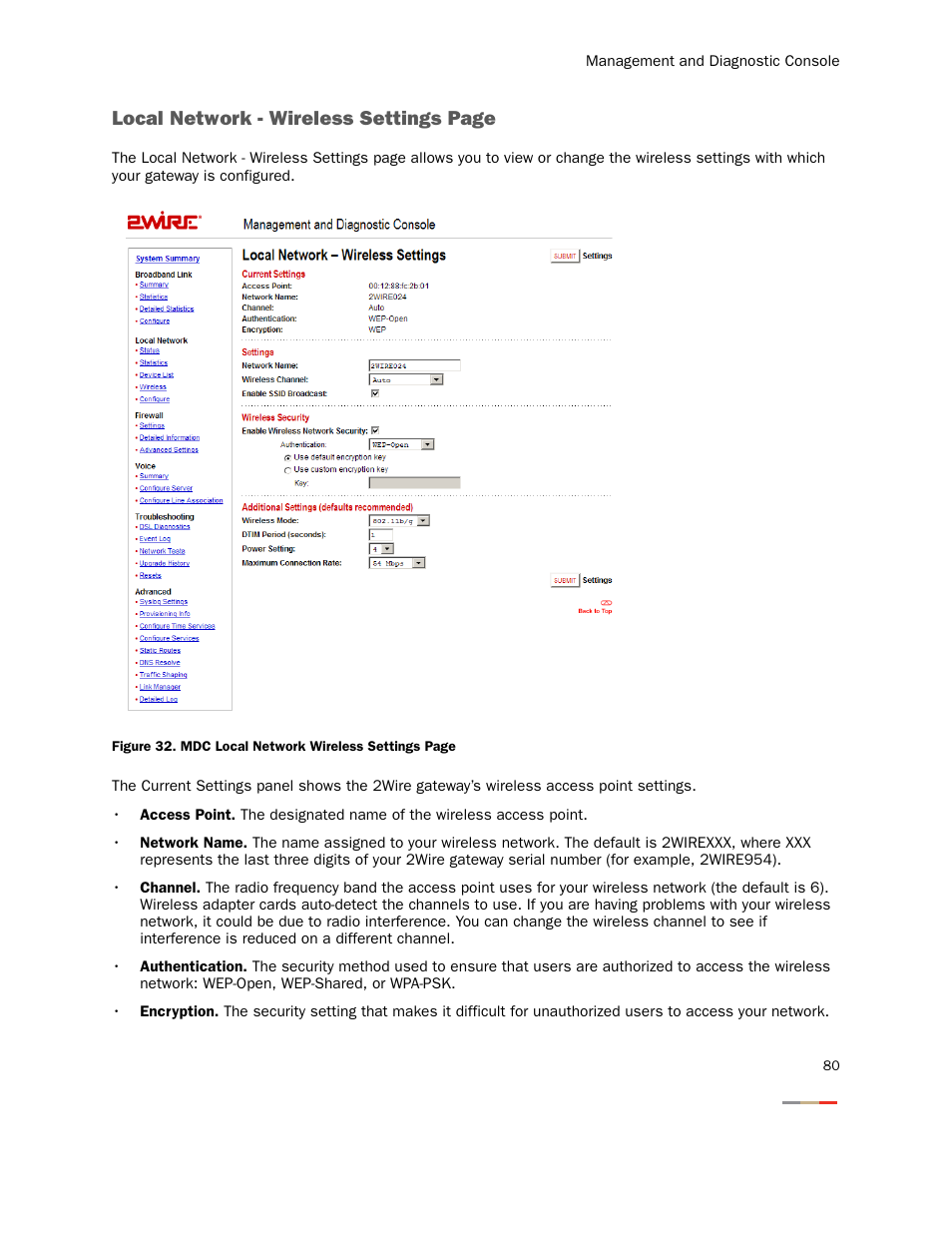 Local network - wireless settings page | 2Wire Gateway None User Manual | Page 85 / 139