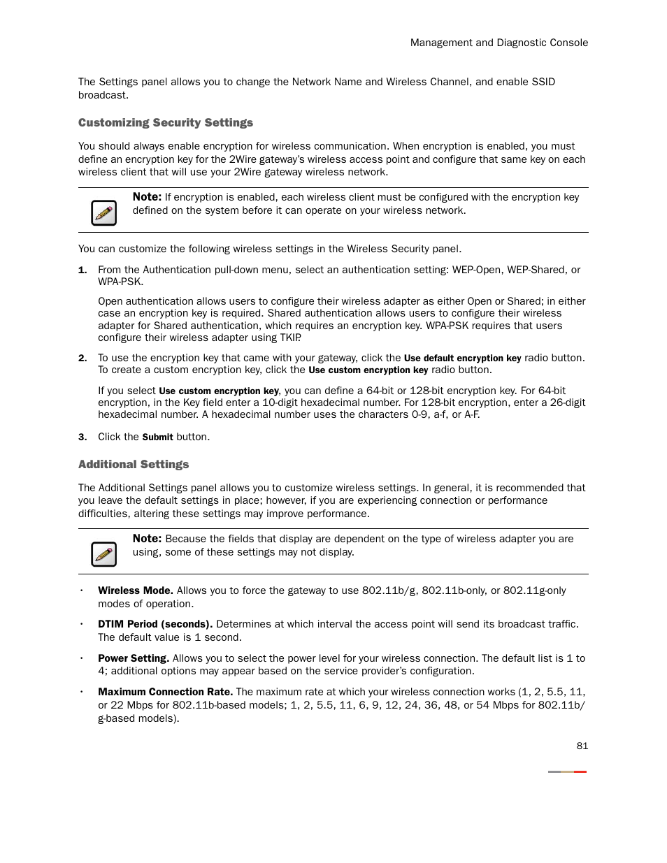 Customizing security settings, Additional settings, Customizing security settings additional settings | 2Wire Gateway None User Manual | Page 86 / 139