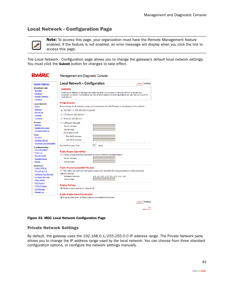 Private network settings, Local network - configuration page | 2Wire Gateway None User Manual | Page 87 / 139