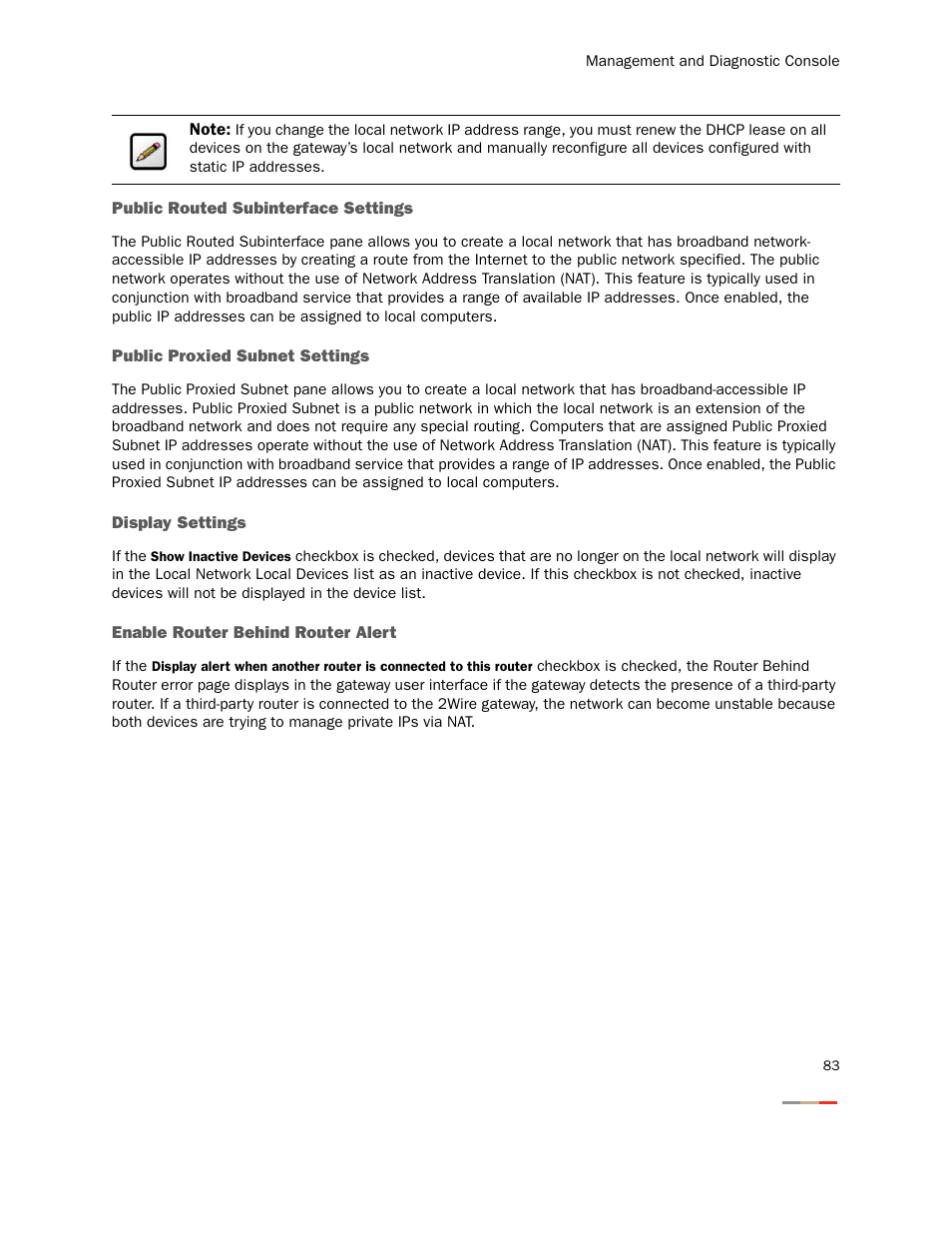 Public routed subinterface settings, Public proxied subnet settings, Display settings | Enable router behind router alert | 2Wire Gateway None User Manual | Page 88 / 139