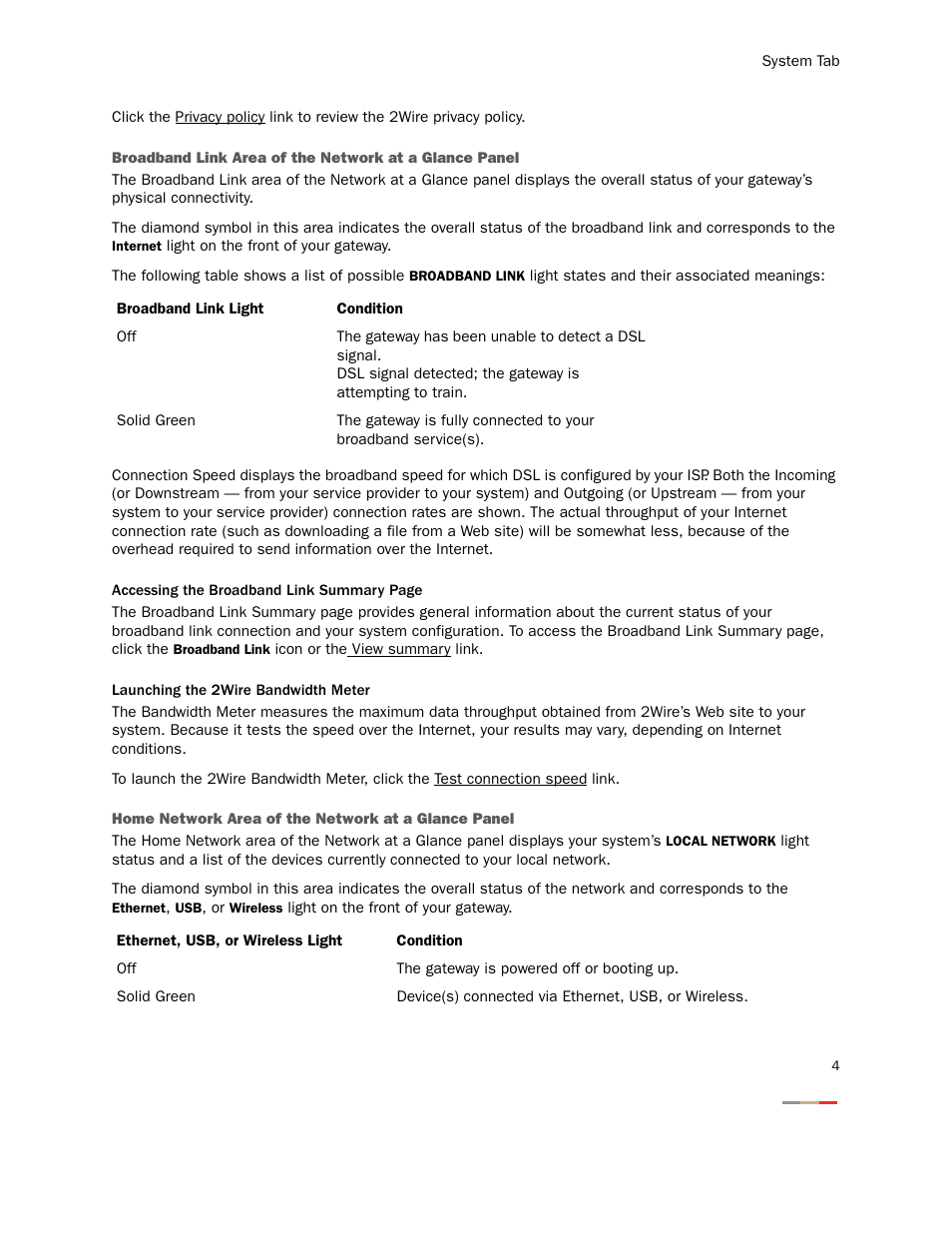 Launching the 2wire bandwidth meter, Home network area of the network at a glance panel | 2Wire Gateway None User Manual | Page 9 / 139