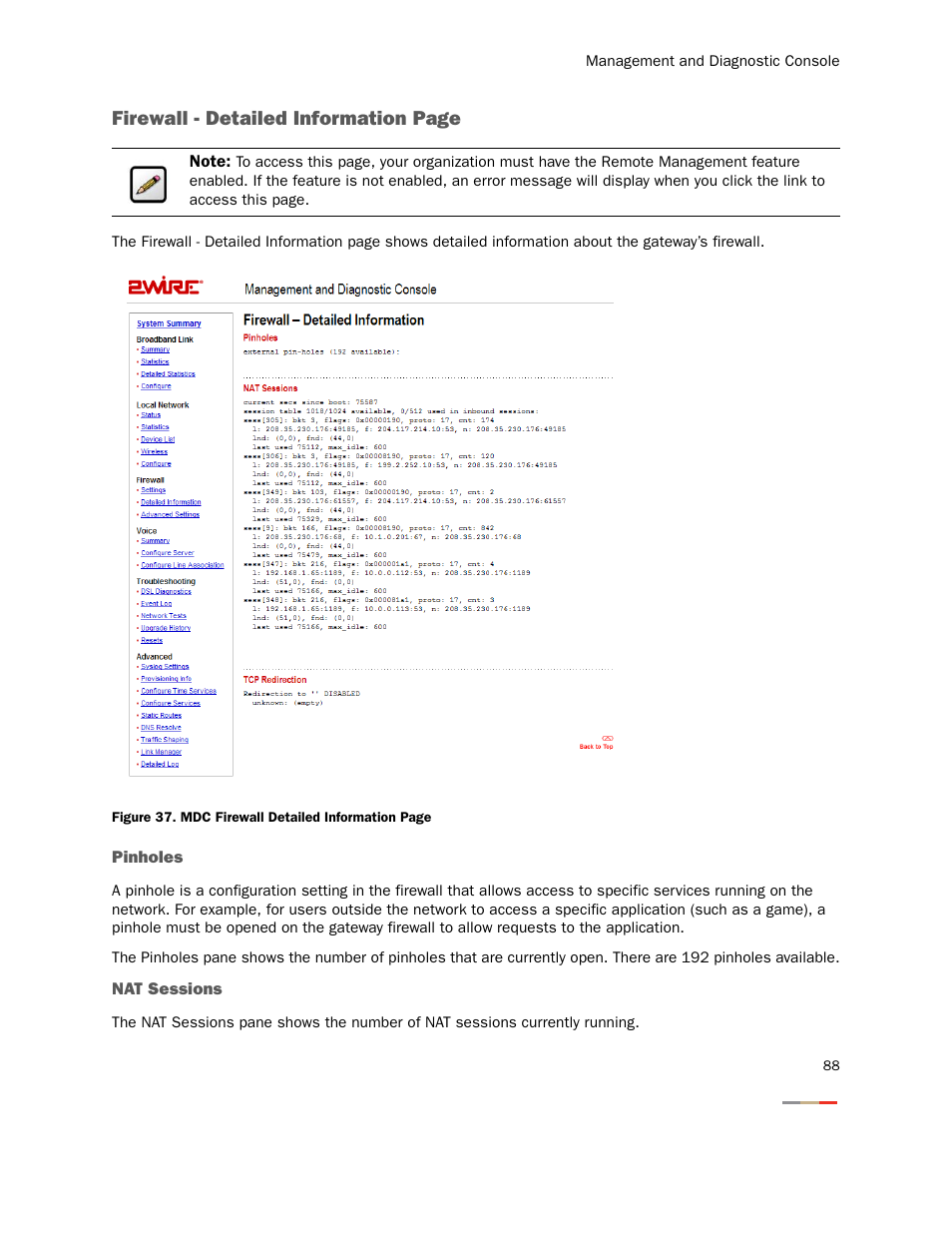 Pinholes, Nat sessions, Pinholes nat sessions | Firewall - detailed information page | 2Wire Gateway None User Manual | Page 93 / 139