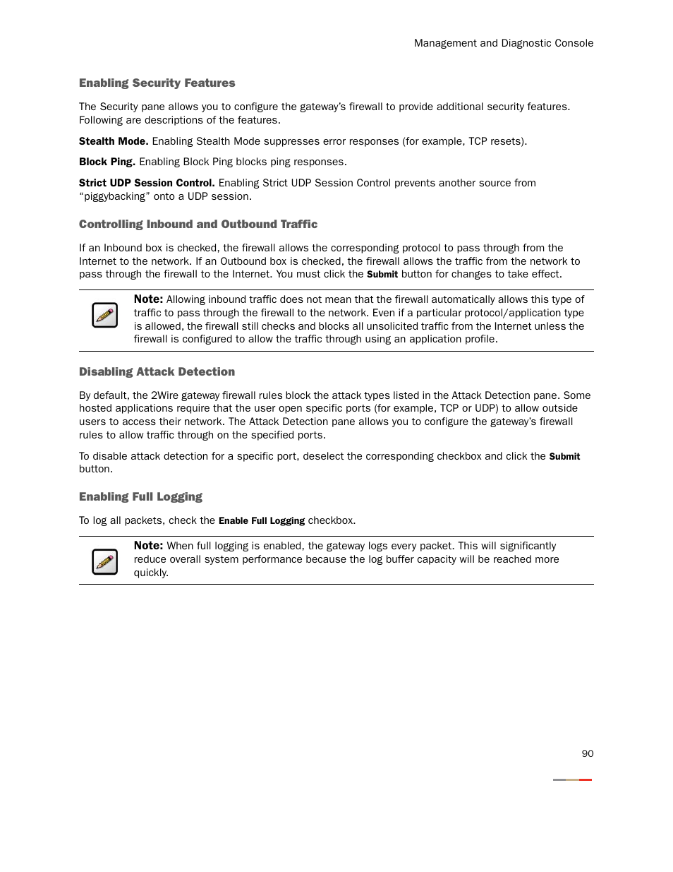 Enabling security features, Controlling inbound and outbound traffic, Disabling attack detection | Enabling full logging | 2Wire Gateway None User Manual | Page 95 / 139