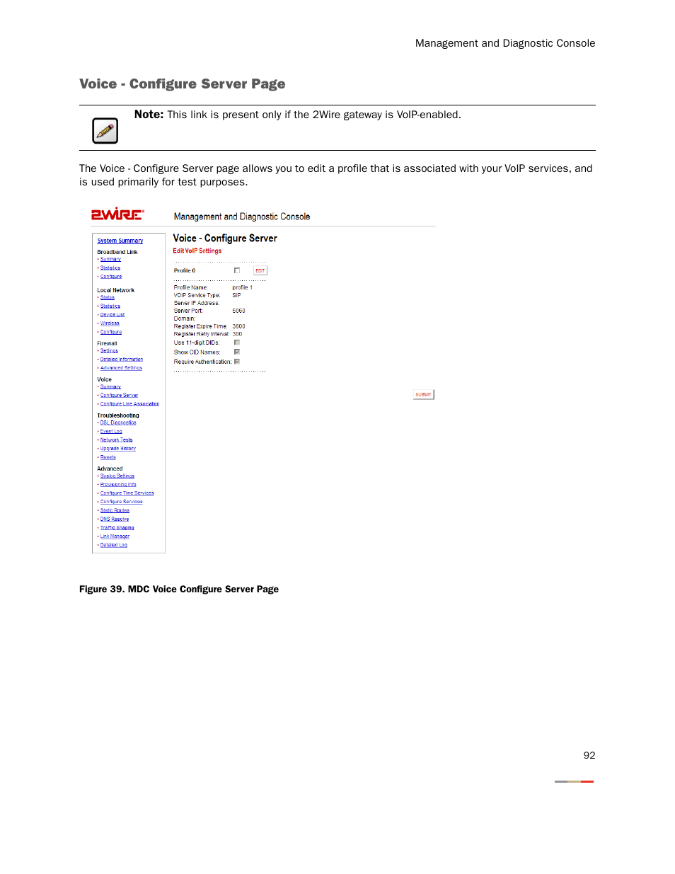 Voice - configure server page | 2Wire Gateway None User Manual | Page 97 / 139